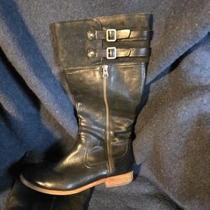 Kork-Ease Black Leather Mid-Calf Buckle Boots
